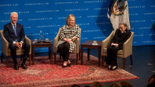 Former President Bill Clinton, former Secretary of State/Senator Hillary Rodham Clinton, and Supreme Court Justice Ruth Bader Ginsburg onstage in Hart Auditorium on October 30.