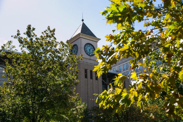 Clock tower on Georgetown Law's campus
