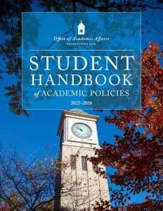 Cover of 2025-2026 Student Handbook featuring clocktower and autumn leaves