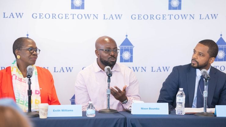 L-R: Reparations Finance Lab Founder and Executive Director Enith Williams; human rights activist Nixon Boumba, a member of the Kolektif Jistis Min nan Ayiti (Haiti Mining Justice Collective); and U.S. House of Representatives Legislative Director Ivan Noisette, L’18, were among the speakers on the panel “Answering Haiti’s Call to Action.”