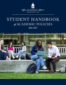 Cover of 2026-2027 Student Handbook of Academic Policies featuring photo of students on campus green in discussion