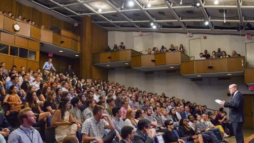 Students in the Hart Auditorium, located in McDonough Hall