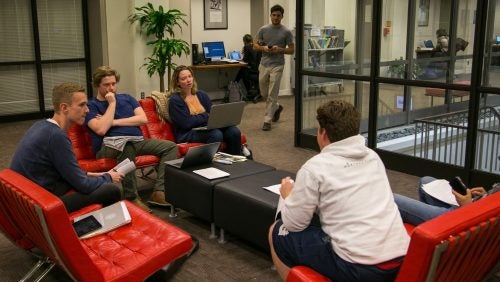 Students in a study space inside McDonough Hall