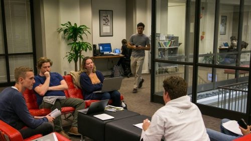 Students in a study space inside McDonough Hall