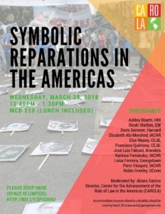 Flyer used for Symbolic Reparations Roundtable; includes date, location, RSVP link and name of participants