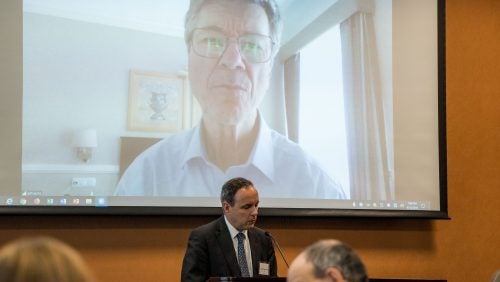 Professor Jeffrey Sachs remotely delivering his keynote address