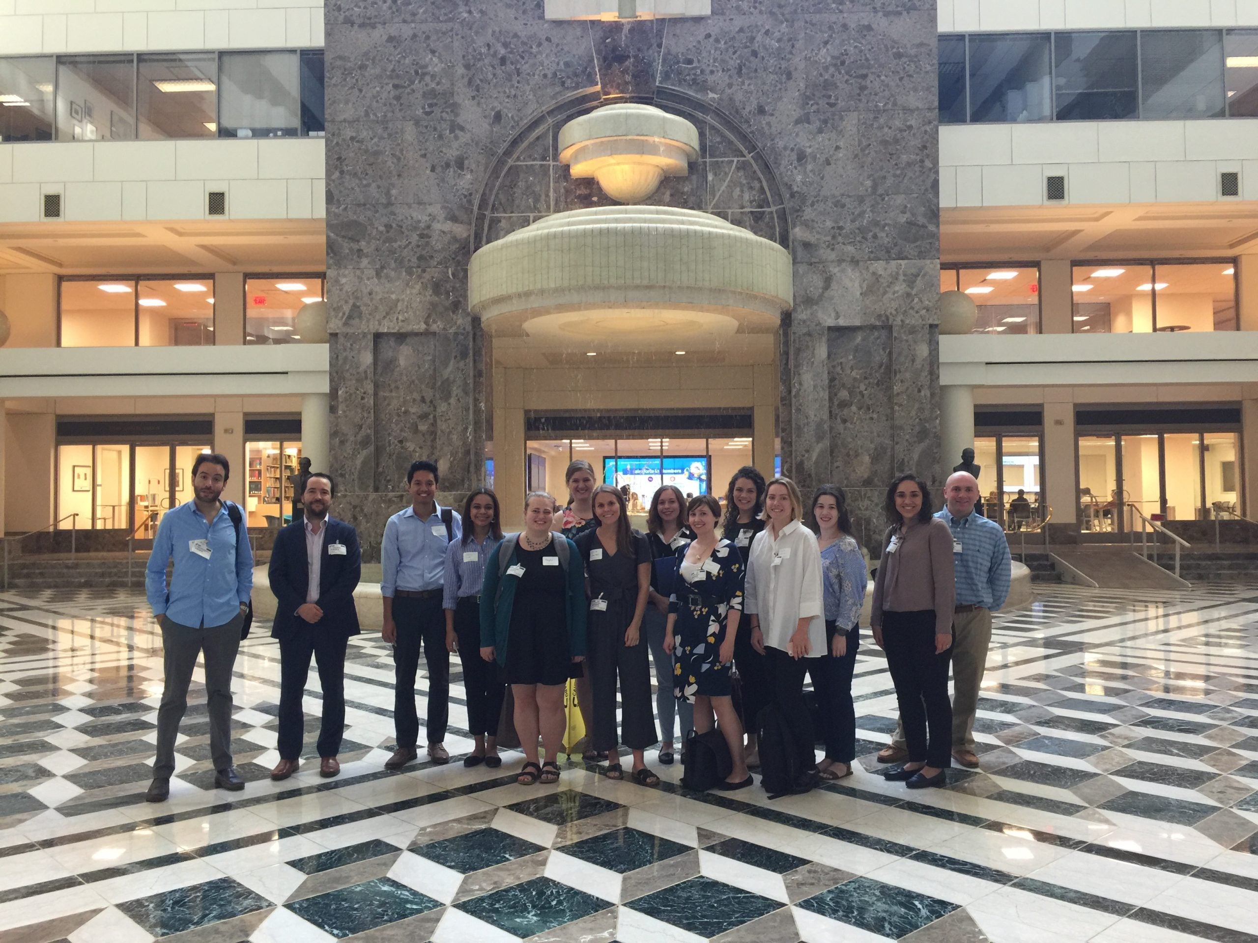 First-year Georgetown Law students at the lobby of the IDB building