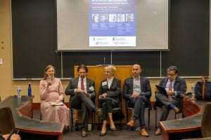 Daniel Rangel, Sandra Polaski, Josh Kagan, Ricardo Ramírez Hernández and Professor Kathleen Claussen seated in a row during the panel