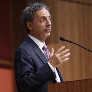 Peter Berkowitz of the Hoover Institution at Stanford University standing at the podium discussing the controversy over the State Department’s Policy Planning Staff commission, the report’s principal arguments, and its larger significance. 