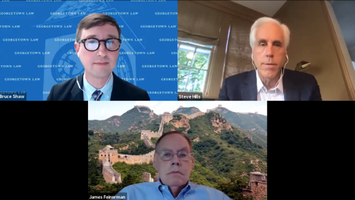 (Clockwise) Bruce Shaw, Stephen Hills, and James Feinerman speaking at the event 'Capitalism Under Fire: Can Business Be Part of the Solution?' 