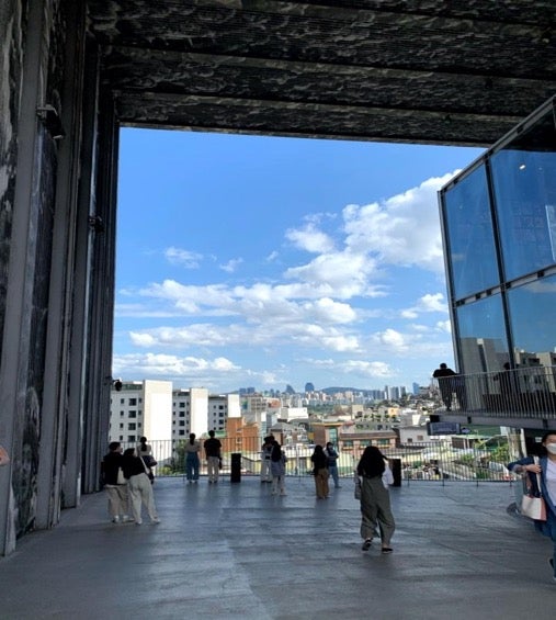 Below a bridge in Seoul on a clear day.