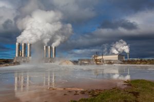 A geothermal plant with steam.