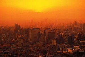 City skyline in orange haze