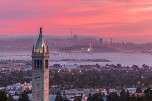 Sunset over Berkeley clocktower and the San Francisco Bay. Photo by Joe Parks.