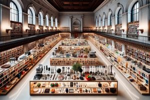 An AI reimagining of the renowned New York Public Library shelved with borrowable tools, cookware, and other amenities.