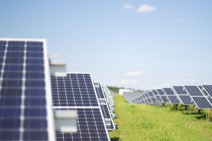 Field of solar panels absorbing sun to generate energy.