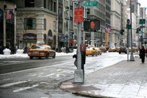 Cars driving in an area of Manhattan that is within the boundaries of New York’s congestion pricing program.