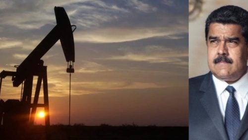 On the left, a pump jack used to extract oil. On the right, a headshot of former President Maduro.