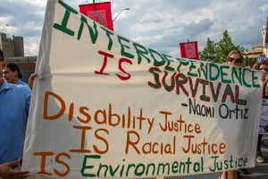Photo of a banner that reads: “Interdependence is Survival-Naomi Ortiz” and below reads “Disability Justice IS Racial Justice IS Environmental Justice.” See below for image link