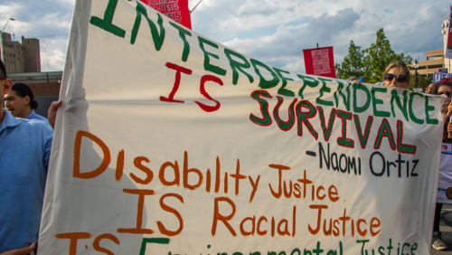 A banner that reads: “Interdependence is Survival-Naomi Ortiz” and below reads “Disability Justice IS Racial Justice IS Environmental Justice.”
