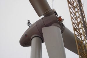 A wind turbine under construction