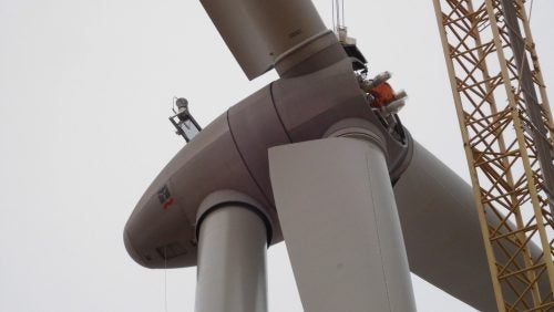 A wind turbine under construction