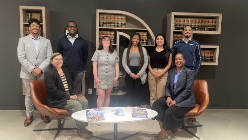 REEL Clinic director Prof. Janel George and Clinical Teaching Fellow Prof. Sophia Tan and REEL Clinic student attorneys (from left to right Hamza Atumah, Olukorede Esan, Siena Hohne, Mecca Aikens, Cynthia Garcia, and Nicholas Fox) visit the Washington, DC, offices of the NAACP Legal Defense and Educational Fund, Inc., and present their research findings about culturally inclusive curriculum (Fall 2024 cohort).