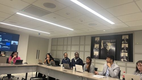 REEL Clinic student attorneys present their findings about culturally inclusive curriculum with LDF staff (from left to right: Cynthia Garcia, Nicholas Fox, Olukorede Esan, Mecca Aikens, Hamza Atumah, and Siena Hohne).