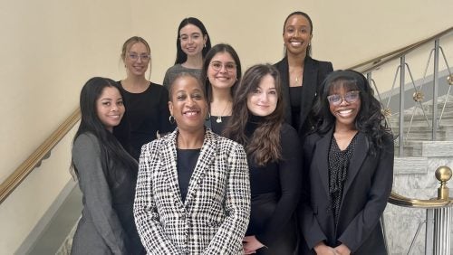 Prof. George and some REEL Clinic student attorneys (from left to right): Taylor-Ryan Nedd, Samantha Moan, Alex Rahill, Alex Smith, Tessa Giordano, Mathilde Pierre, and Rhema Brodie-Mends) attend a hearing on Capitol Hill hosted by the U.S. House Education & Workforce Committee.