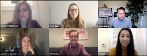 Professors Joanna Schwartz and Christopher Walker being interviewed by McKenzie Hightower, Executive Articles Editor and Carly Reed, Articles Editor over Zoom. 