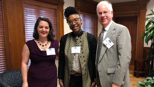 HRI Dash/Muse Fellow Ashley Binetti Armstrong, Keynote Speaker Professor E. Tendayi Achiume, and Professor Andrew Schoenholtz at the 2019 Dash Conference