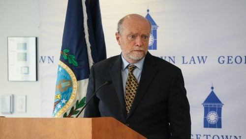 William Treanor, Dean of Georgetown Law, delivers a welcome address for the event