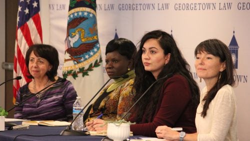Panel 1 panelists (Elisa Massimino (moderator), Grace Achan, Natia Navrouzov, and Kim Thuy Seelinger)