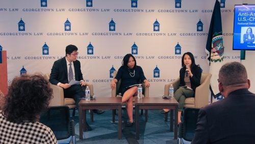 Mark Jia moderates discussion with Gisela Perez Kusakawa and Bethany Li