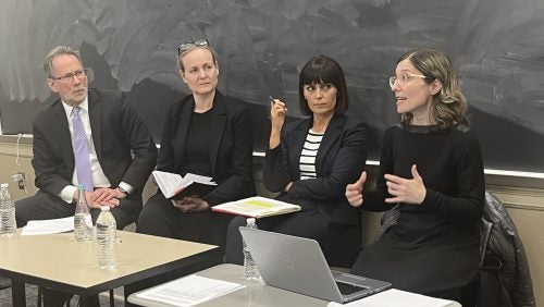 ICJI Senior Director and ACA Lead Coordinator, Ambassador (ret.) Clint Williamson (left) speaks with ACA-ICJI international experts Ingrid Elliott (center left), Davorka Čolak (center right), and Irisa Čevra (right) on providing international support for the investigations and prosecutions of atrocity crimes in Ukraine.