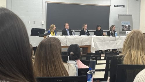 The panel speaks with students from the Georgetown University Law Center.