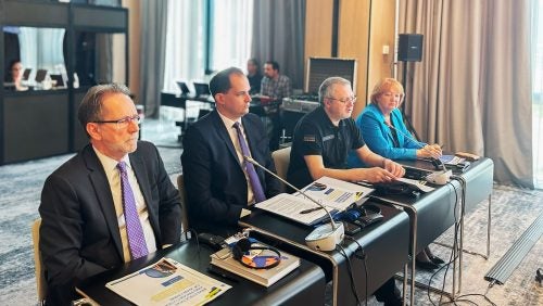 Ukrainian Prosecutor General Andriy Kostin (second from right) speaks on the need for Ukraine to learn from the Croatian experience during the Homeland War. He is joined by ICJI Senior Director Amb. Clint Williamson (left), Ivan Malenica, Minister of Justice and Public Administration of the Republic of Croatia (second from left), and Zlata Hrvoj-Šipek, State Attorney General of the Republic of Croatia (right).