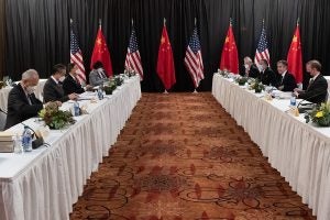 Secretary of State Antony J. Blinken and National Security Advisor Jake Sullivan meet with Chinese Communist Party Director of the Office of the Central Commission for Foreign Affairs Yang Jiechi and State Councilor Wang Yi, in Anchorage, Alaska, on March 18, 2021. 