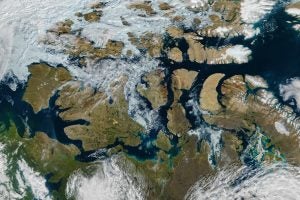 NASA satellite image by Jeff Schmaltz showing a nearly ice-free Northwest Passage