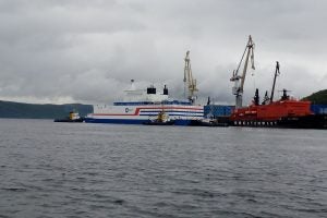 The Akademik Lomonosov, Russia's first floating nuclear power station, docked to the harbor of Arctic port town Pevek.