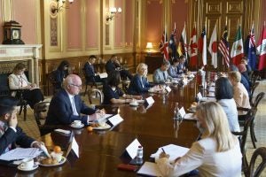 10/07/2020. London, United Kingdom. Secretary of State for International Trade, Liz Truss chairs a CPTPP Head of Mission Roundtable, in the Foreign and Commonwealth Office
