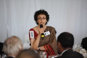 Irene Khan, current United Nations Special Rapporteur for freedom of expression and opinion, as Director-General of the International Development Law Organization, moderating the High-level Lunch Event on Strengthening Women's Access to Justice.