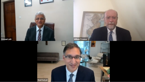 (Clockwise) Indian Supreme Court Justice Uday Lalit, Dean William M. Treanor and Professor Neal Katyal at the zoom event 'Keeping the Executive in Check: The Role of the Judiciary'