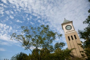 Georgetown Law's clock tower on a sunny day