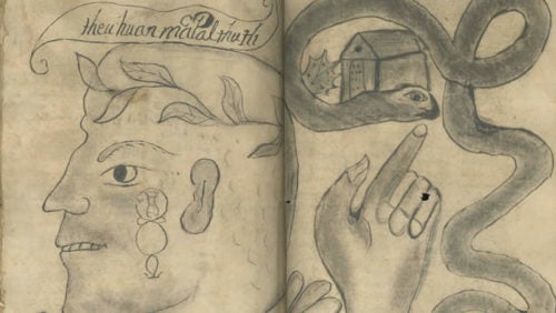 Drawing from pre-Colonial Mexico depicting a face in profile and a hand pointing at a snake