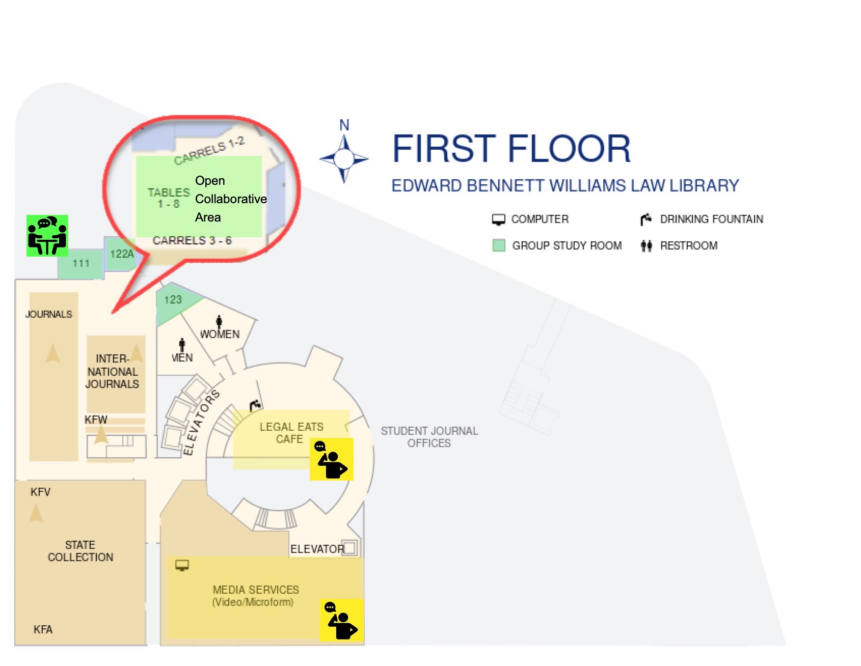 Map of Williams Library First Floor with noise zones indicated