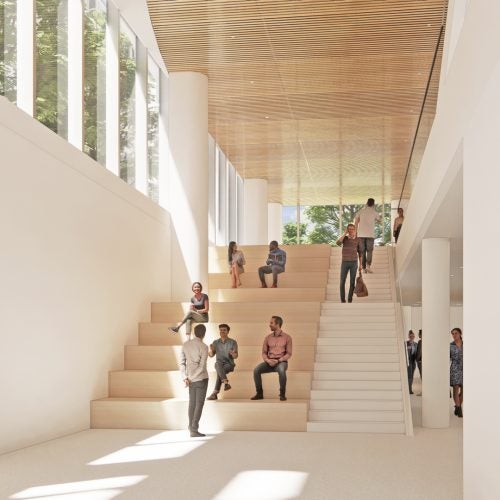 Tsai Hall's 3-story Grand Atrium seen from the lower level