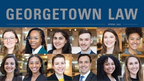 Banner image for Georgetown Law Magazine featuring a diverse cross-section of multicultural students