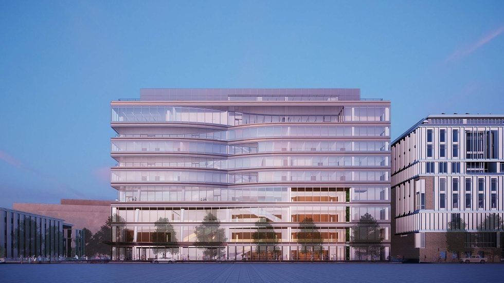 Tsai Hall from west at twilight