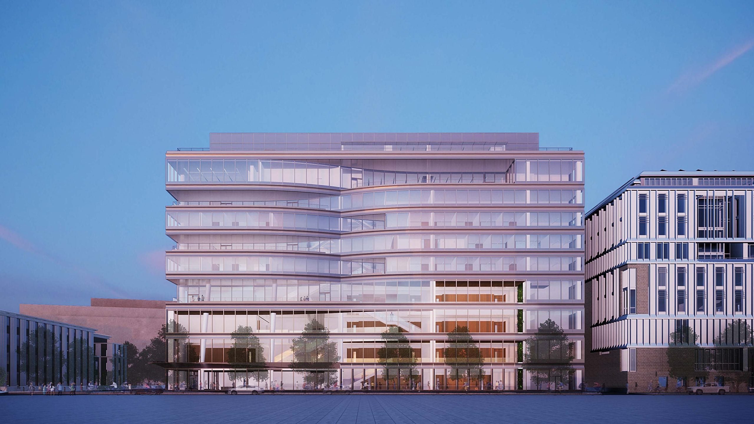 A view of the new law building from the west, at twilight